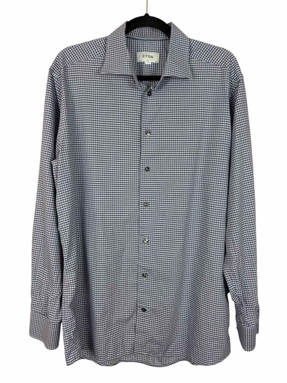 ETON Men’s XL Slim Fit Blue White Gingham Check Luxury Cotton Dress Shirt 17.5